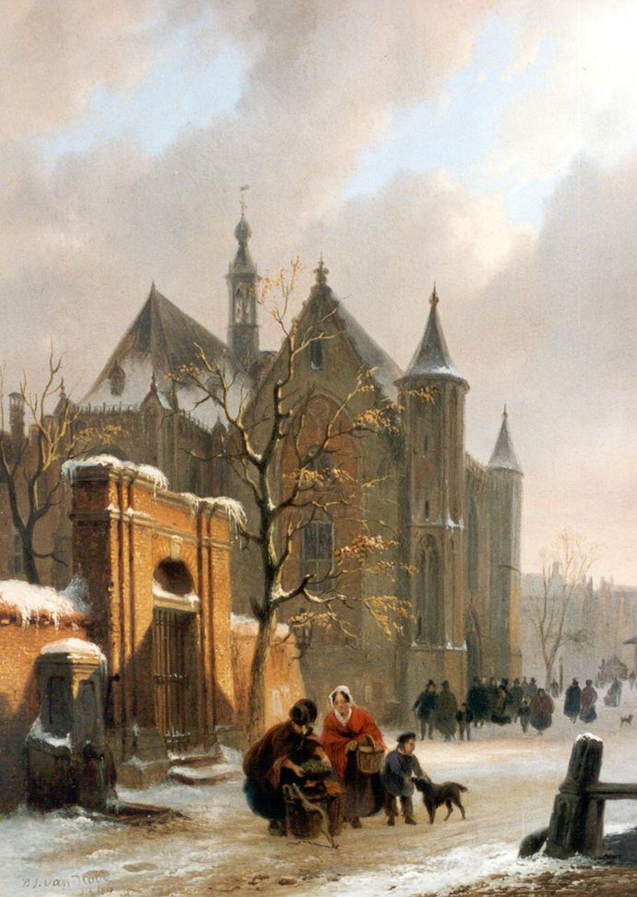 Hove B.J. van | Bartholomeus Johannes 'Bart' van Hove, Figures on a village square, Öl auf Holz 29,7 x 21,8 cm, signed l.l. und dated 1846