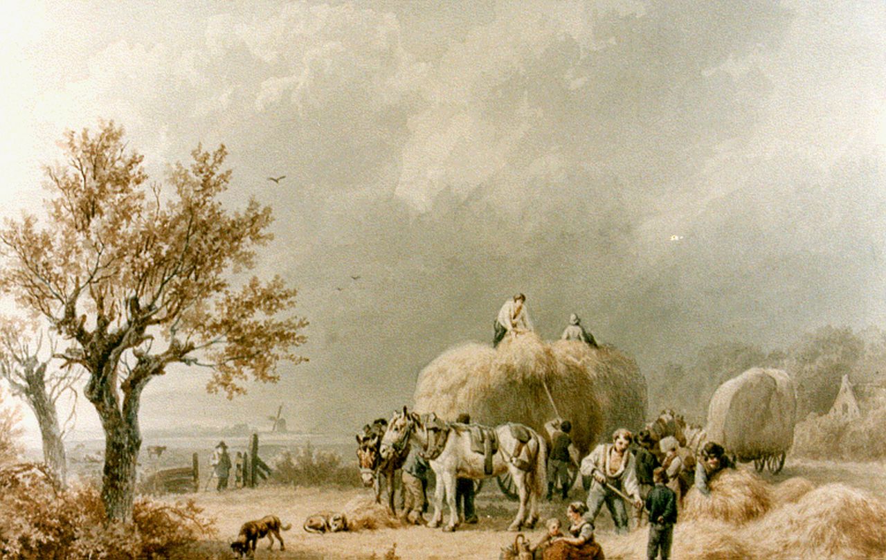 Koekkoek B.C.  | Barend Cornelis Koekkoek, Hay harvest, Aquarell auf Papier 31,6 x 38,3 cm, Unterzeichnet r.u. und datiert 1838