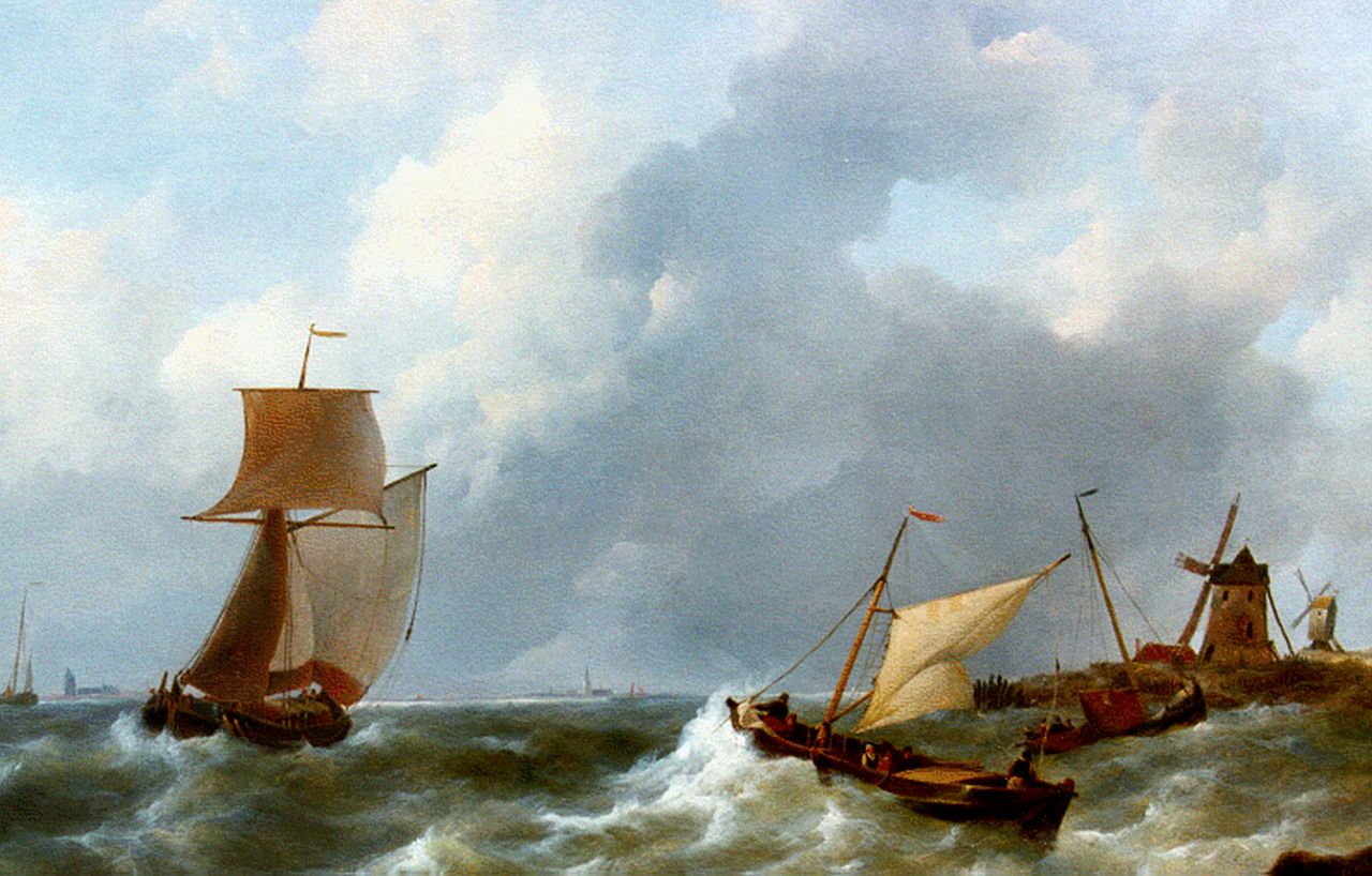 Schotel J.C.  | Johannes Christianus Schotel, Shipping on stormy waters, Öl auf Holz 65,2 x 84,2 cm, signed l.r.