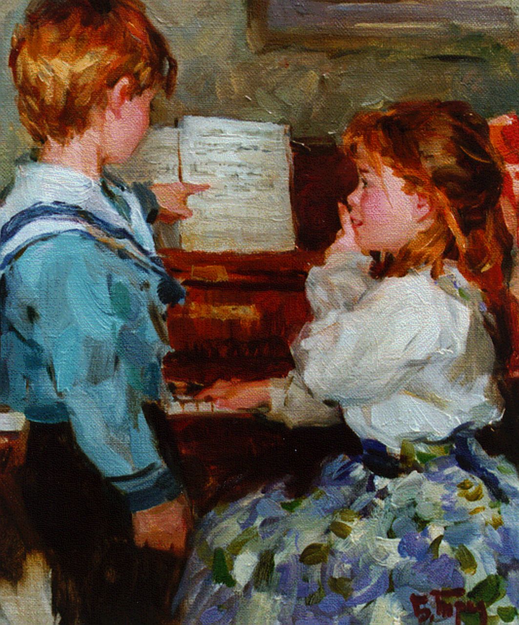 Boris Trofimenko | Playing the piano, Öl auf Leinwand, 34,8 x 26,8 cm, signed l.r.