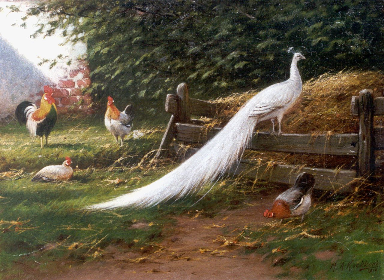 Koekkoek II M.A.  | Marinus Adrianus Koekkoek II, A peacock and chickens on a yard, Öl auf Leinwand 28,4 x 38,4 cm, signed l.r. und dated 1912