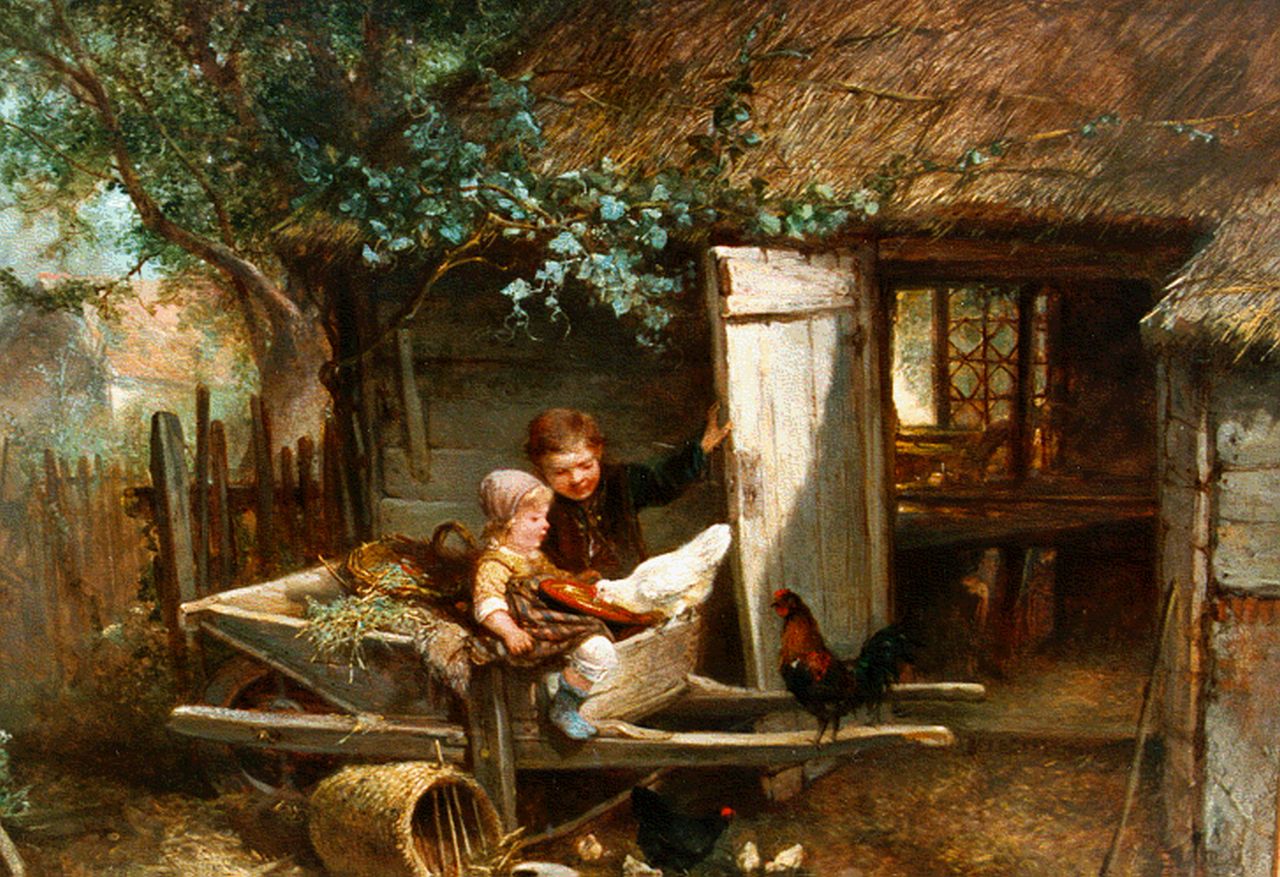 Kate J.M.H. ten | Johan 'Mari' Henri ten Kate, Feeding the chickens, Öl auf Holz 34,2 x 46,5 cm, signed l.l.