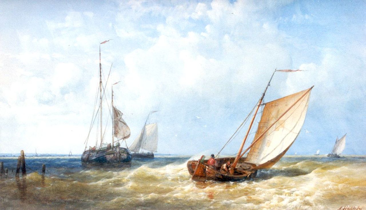 Hulk A.  | Abraham Hulk, Sailing vessels under full sail, Aquarell auf Papier 27,0 x 45,0 cm, signed l.r.