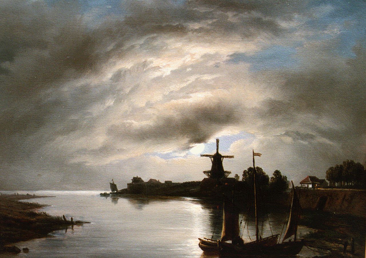 Meijer J.H.L.  | Johan Hendrik 'Louis' Meijer, A moonlit river landscape, Öl auf Holz 23,5 x 30,0 cm, signed l.l.