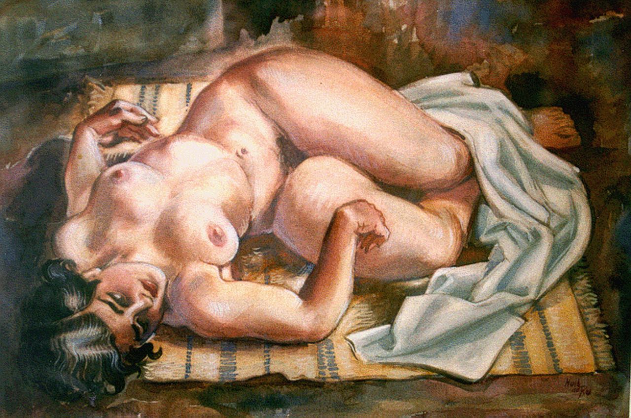 Ru H.B.W. de | Huibert Bernardus Wilhelmus 'Huib' de Ru, A reclining nude, Aquarell auf Papier 31,5 x 46,0 cm, signed l.r.