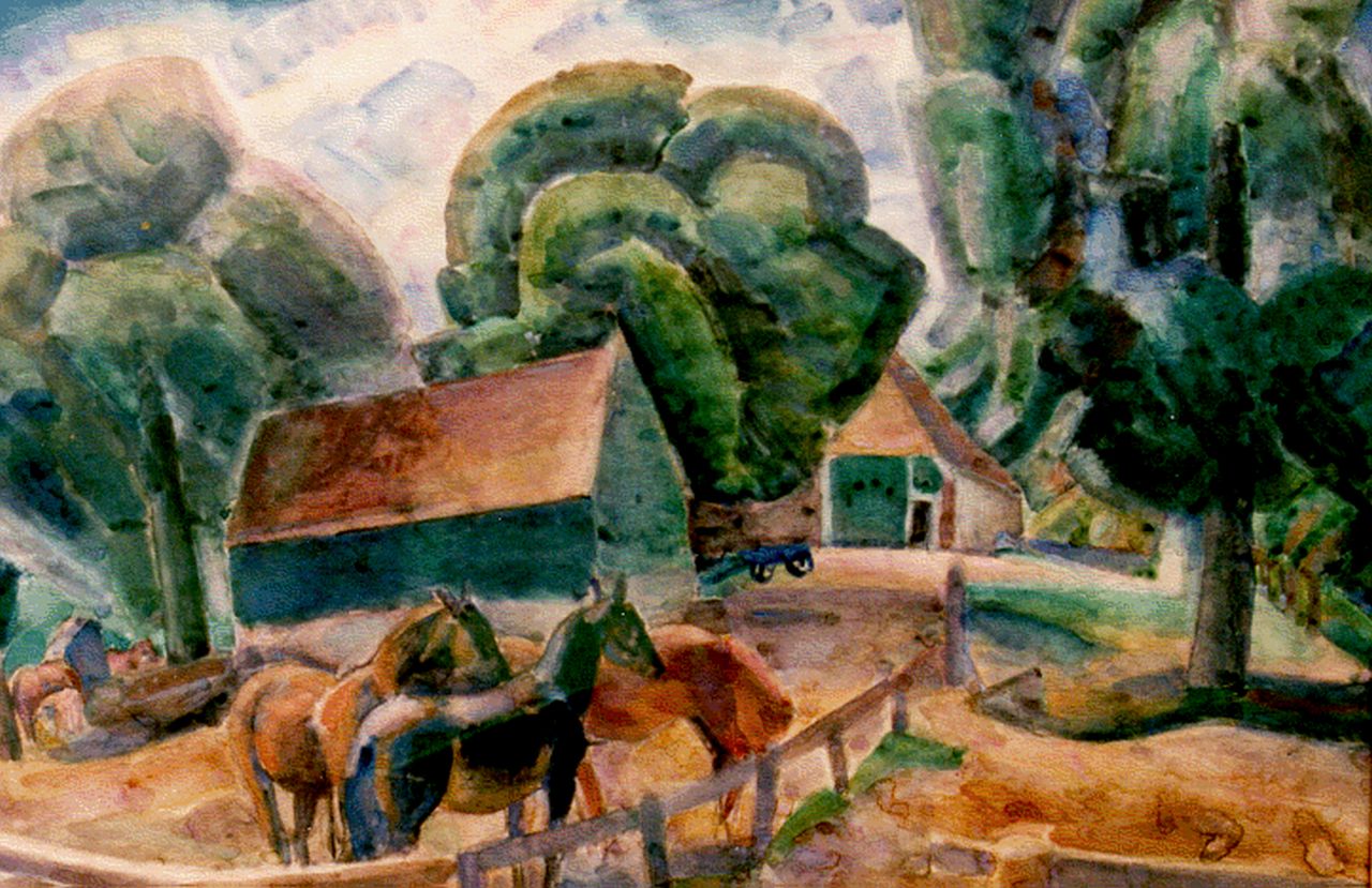 Gestel L.  | Leendert 'Leo' Gestel, Horses by a farm, Aquarell auf Papier 70,0 x 95,5 cm, signed l.r. und dated 1922