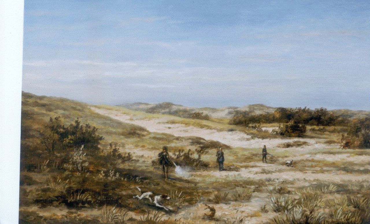 Hulk H.  | Hendrik Hulk, Jagers schieten een konijn in de duinen, Öl auf Leinwand 30,7 x 45,8 cm, gesigneerd rechtsonder