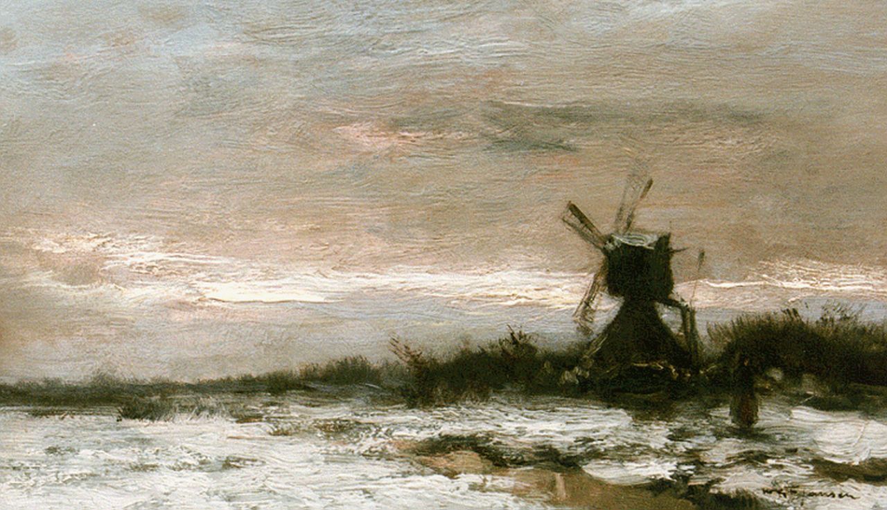 Jansen W.G.F.  | 'Willem' George Frederik Jansen, A windmill in a snow-covered polder landscape, Öl auf Malereifaser 20,6 x 34,5 cm, signed l.r.