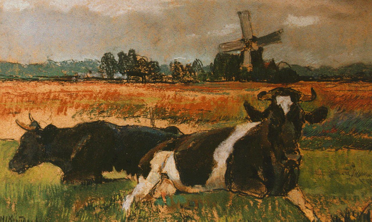 Kruyder H.J.  | 'Herman' Justus Kruyder, Cows in a meadow, Pastell auf Malerholzfaser 20,9 x 33,4 cm, signed l.l. und dated '12
