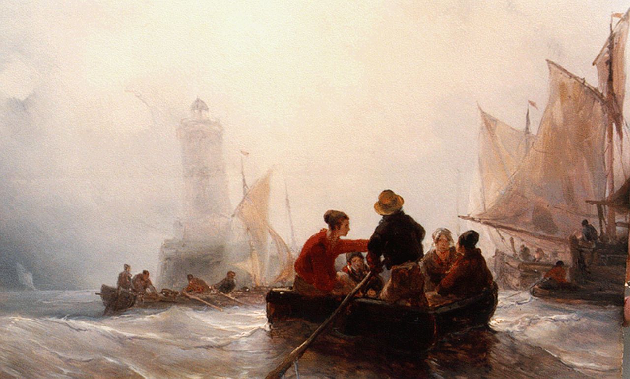 Meijer J.H.L.  | Johan Hendrik 'Louis' Meijer, A ferry, Öl auf Holz 24,0 x 35,2 cm, signed l.r.