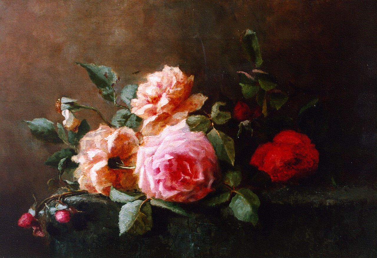 Ruwe L.  | Ruwe, Roses on a marble ledge, Öl auf Leinwand 34,0 x 50,3 cm, signed l.r.