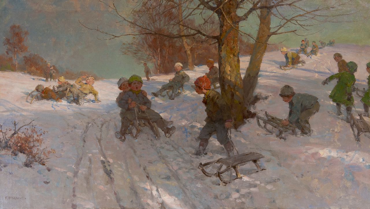 Freund F.  | Fritz Freund, Schneevergnügen, Öl auf Leinwand 70,6 x 120,3 cm, Unterzeichnet u.l.