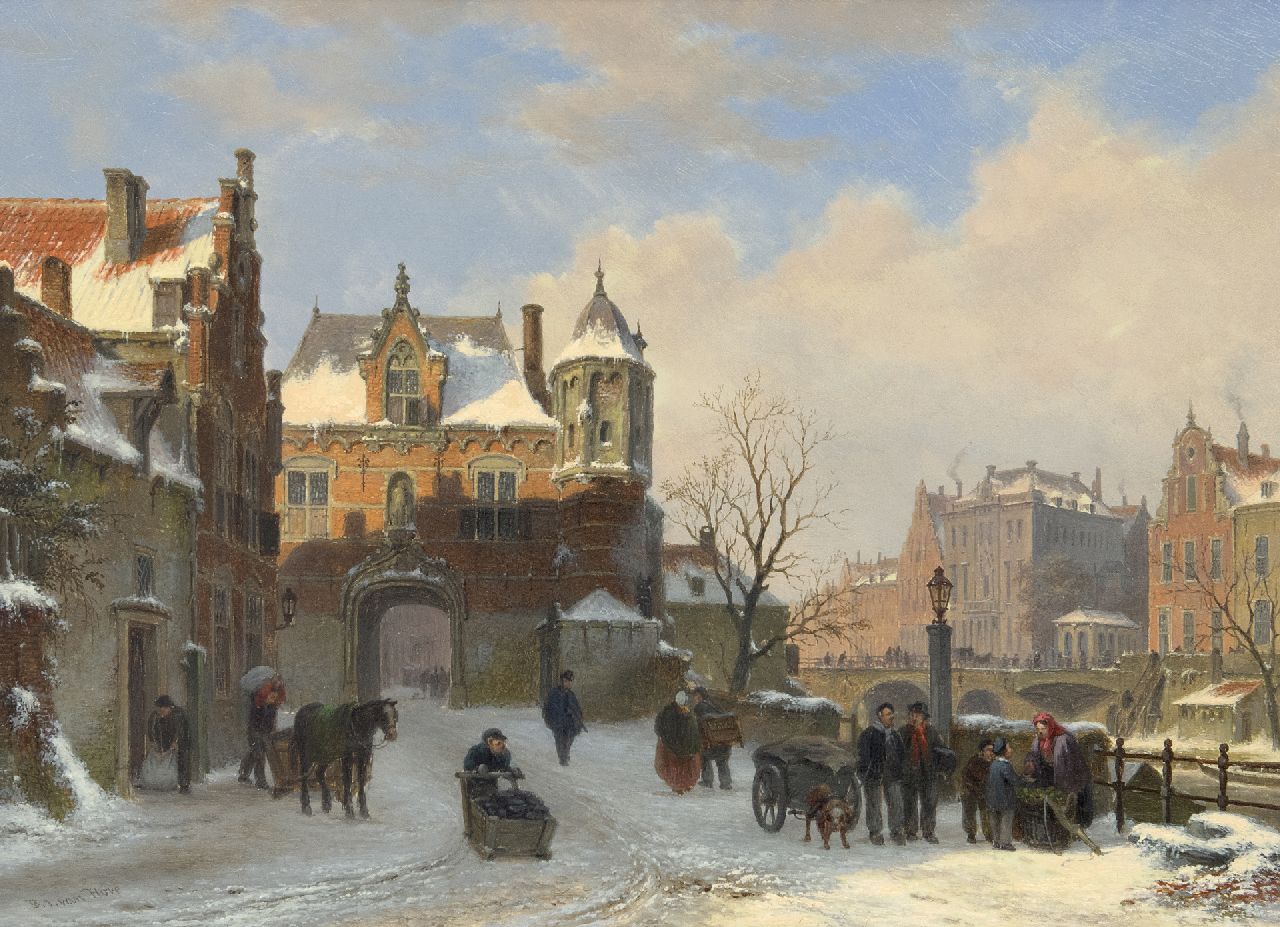 Hove B.J. van | Bartholomeus Johannes 'Bart' van Hove | Gemälde zum Verkauf angeboten | Winterliche Stadtansicht (Anhänger von Sommerliche Stadtansicht mit Schiffen und Figuren; nur zusammen), Öl auf Holz 28,6 x 39,2 cm, Unterzeichnet u.l.