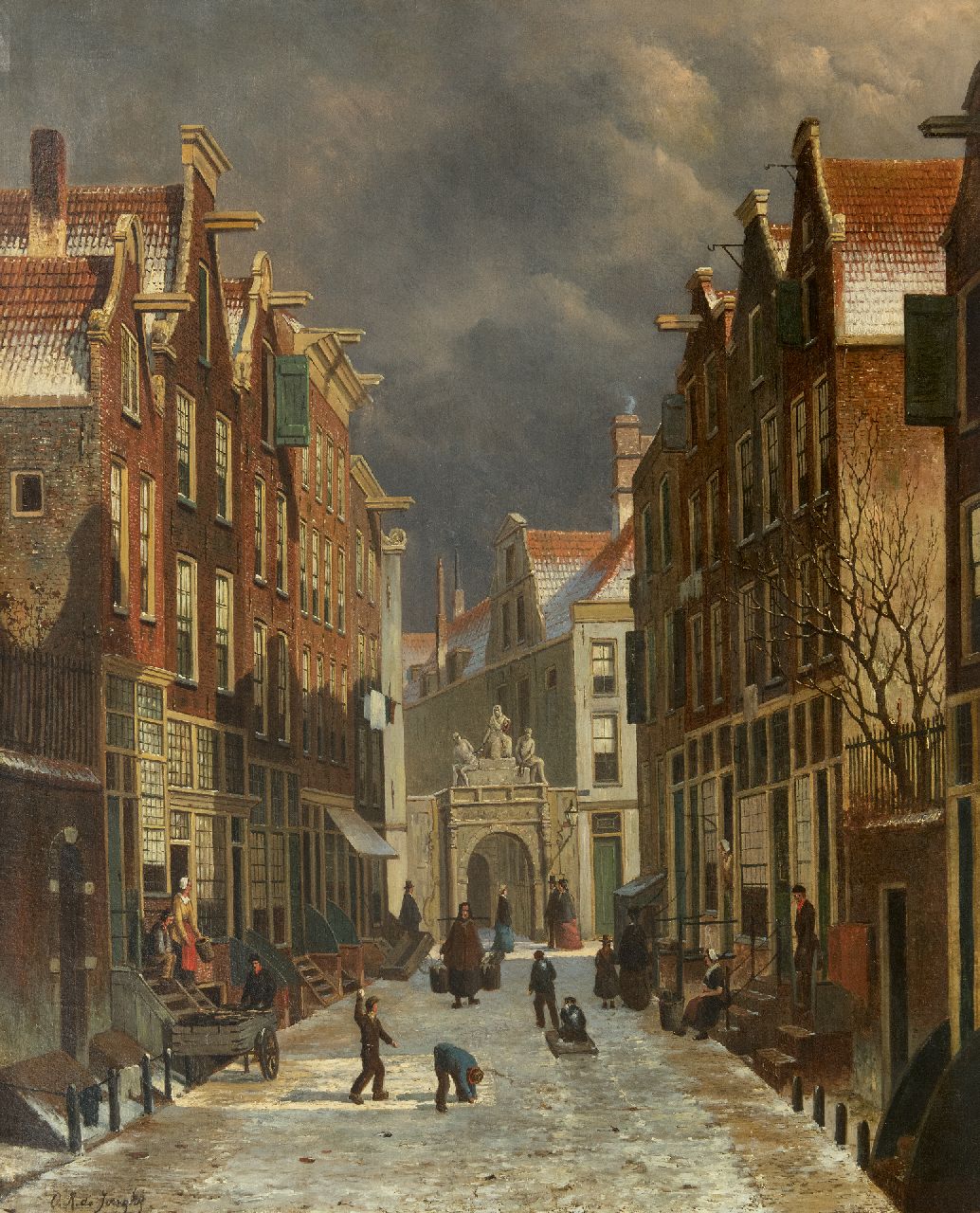 Jongh O.R. de | Oene Romkes de Jongh, Blick auf die Voetboogstrasse mit Rasphuispoort (Zuchthaus Tor), Amsterdam, Öl auf Leinwand 86,8 x 70,4 cm, Unterzeichnet u.l.