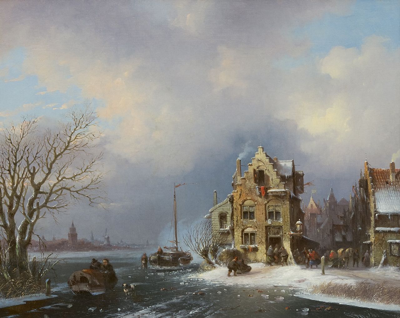 Stok J. van der | Jacobus van der Stok | Gemälde zum Verkauf angeboten | Lebhafter Tag in einer Stadt an einem zugefrorenen Fluss, Öl auf Leinwand 40,8 x 50,6 cm, Unterzeichnet u.r. und datiert '59