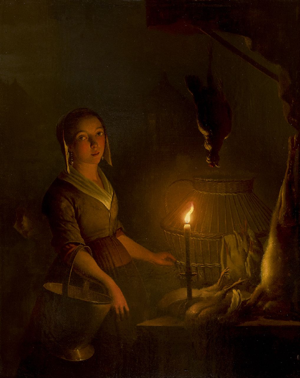 Schendel P. van | Petrus van Schendel | Gemälde zum Verkauf angeboten | Dienstmädchen an der Bude eines Geflügelhändlers, Öl auf Holz 39,8 x 32,7 cm, zu datieren um 1845-1850