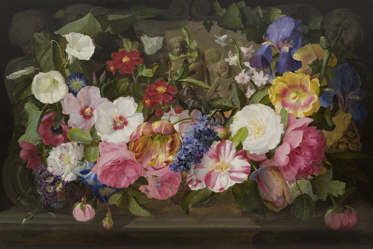 Robie J.B.  | Jean-Baptiste Robie, Blumenstilleben auf Marmorplinthe, Öl auf Holz 44,0 x 64,5 cm, Unterzeichnet u.l. - überreste und zu datieren um 1845-1850