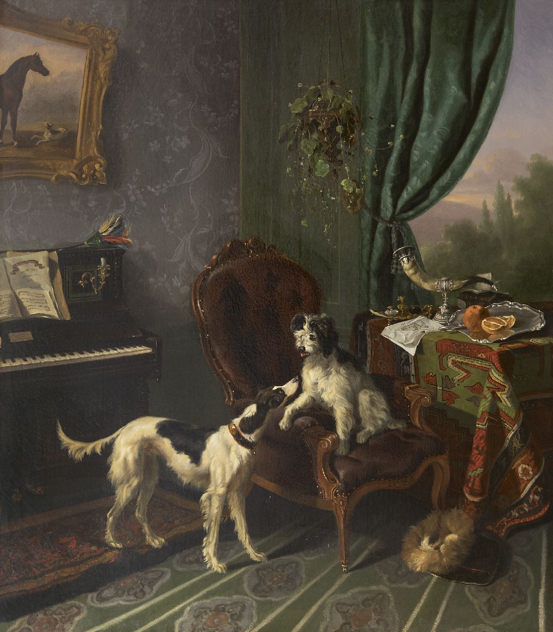Verschuur W.  | Wouterus Verschuur | Gemälde zum Verkauf angeboten | Musikzimmer mit zwei Hunden, Öl auf Leinwand 90,0 x 79,0 cm, zu datieren um 1848-1850