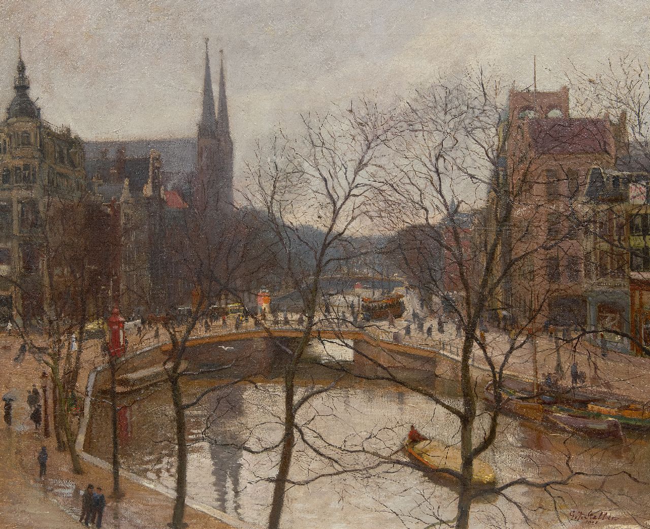 Staller G.J.  | Gerard Johan Staller | Gemälde zum Verkauf angeboten | Blick auf den Koningsplein mit De Krijtberg kirche in Amsterdam, Öl auf Leinwand 54,6 x 65,6 cm, Unterzeichnet u.r. und datiert 1908