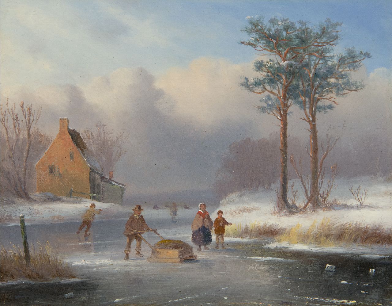 Ahrendts C.E.  | Carl Eduard Ahrendts, Winterliche Flusslandschaft mit Schlittschuhlaufende figuren, Öl auf Holz 19,2 x 23,7 cm, Unterzeichnet u.r. unklar