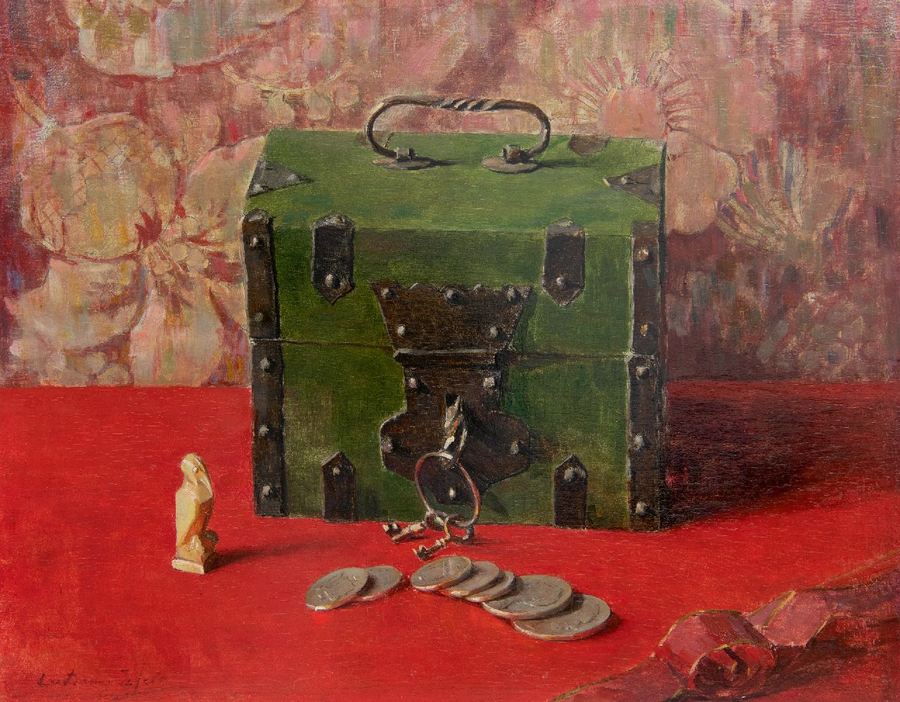 Dam van Isselt L. van | Lucie van Dam van Isselt | Gemälde zum Verkauf angeboten | Stilleben mit grüner Geldkassette, Öl auf Holz 31,1 x 39,5 cm, Unterzeichnet u.l.