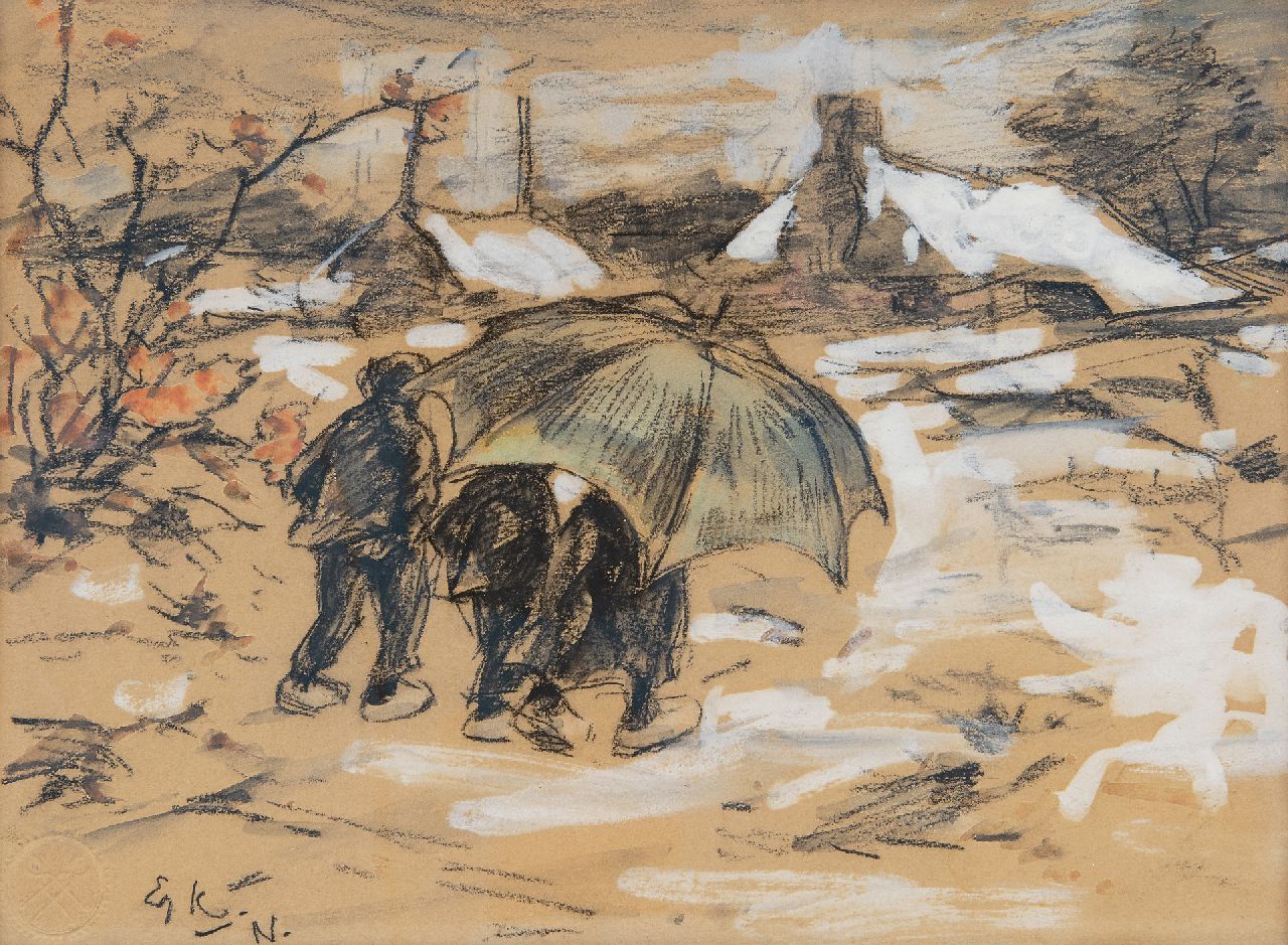 Edzard Koning | Bauernkinder unter einem Regenschirm, crayon and watercolour on paper, 17,8 x 24,2 cm, Unterzeichnet u.l. mit Initialen