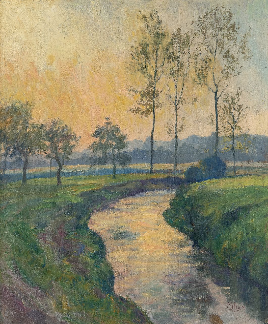 Huys M.  | Modest Huys | Gemälde zum Verkauf angeboten | Flämische Landschaft mit Bach (vermutlich Mandel oder Leie), Öl auf Leinwand 60,5 x 50,3 cm, Unterzeichnet u.r.