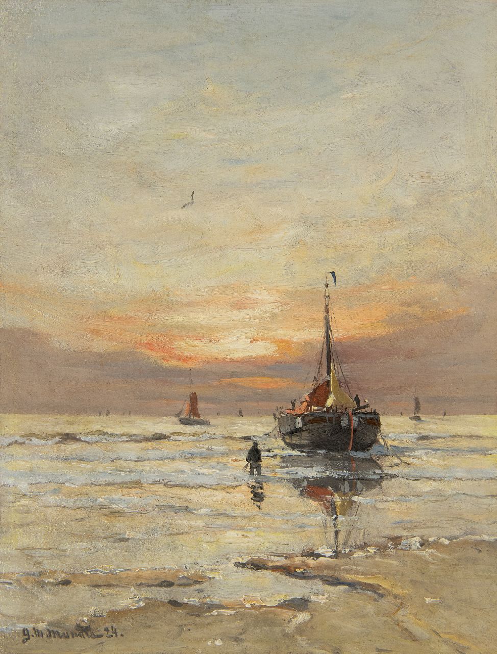 Munthe G.A.L.  | Gerhard Arij Ludwig 'Morgenstjerne' Munthe, Bomschuit in der Brandung bei Sonnenuntergang, Öl auf Malereifaser 34,8 x 26,8 cm, Unterzeichnet u.l. und datiert '24