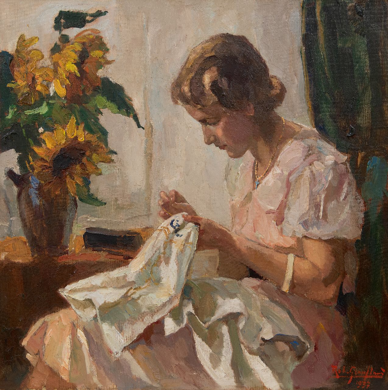 Graafland R.A.A.J.  | Robert Archibald Antonius Joan 'Rob' Graafland | Gemälde zum Verkauf angeboten | Woman embroidering by the window, Öl auf Leinwand 60,5 x 60,4 cm, Unterzeichnet u.r. und datiert 1937, ohne Rahmen