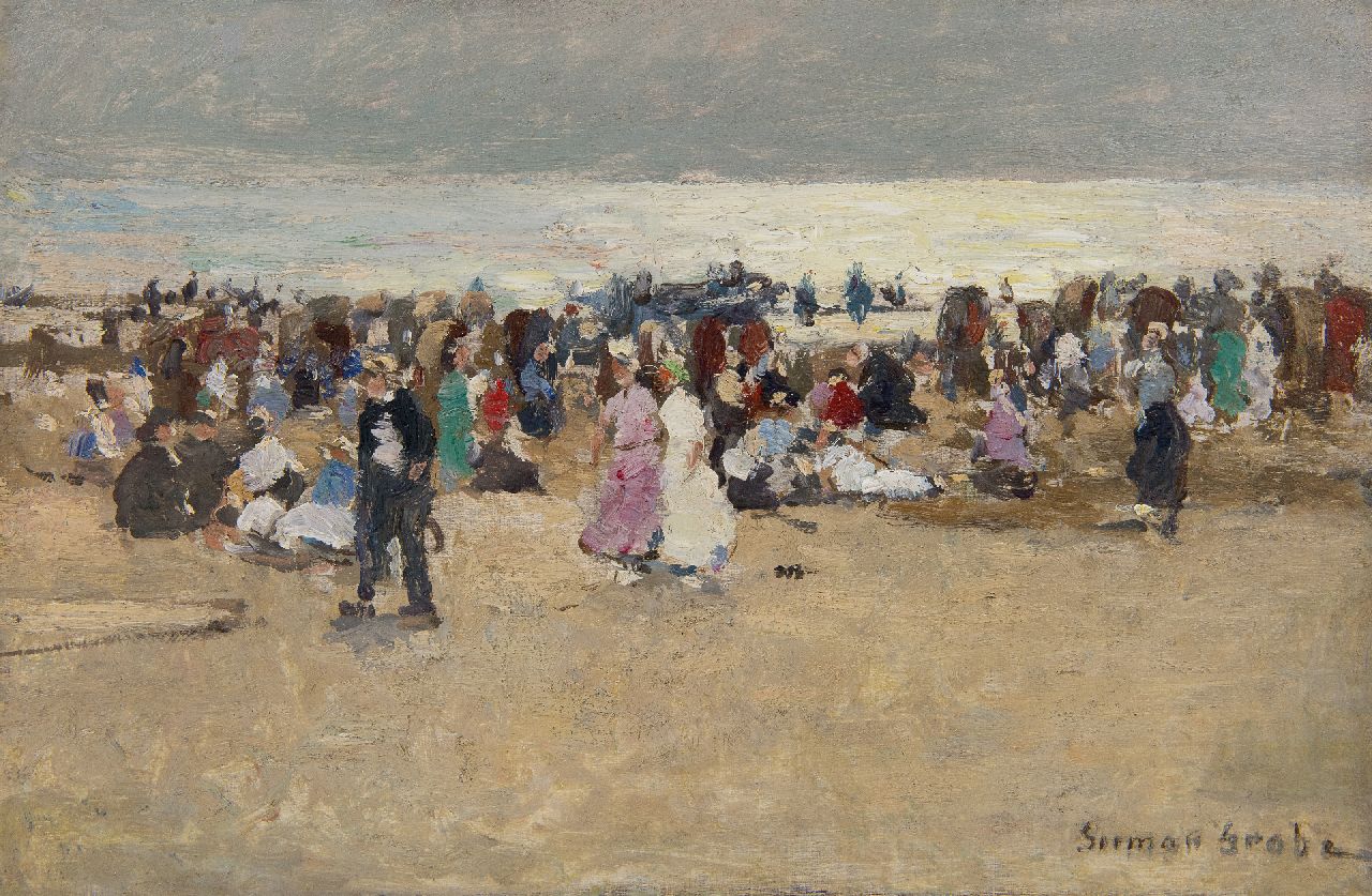 Grobe P.G.  | Philipp 'German' Grobe, Buntes Badleben am Strand von Katwijk, Öl auf Holz 23,9 x 36,0 cm, Unterzeichnet u.r.