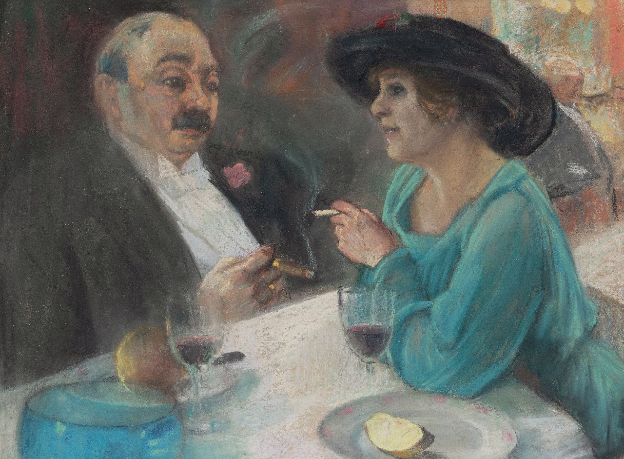 Onbekend   | Onbekend | Aquarelle und Zeichnungen zum Verkauf angeboten | Mann und Frau in einem Café, Pastell auf Papier 35,5 x 47,6 cm