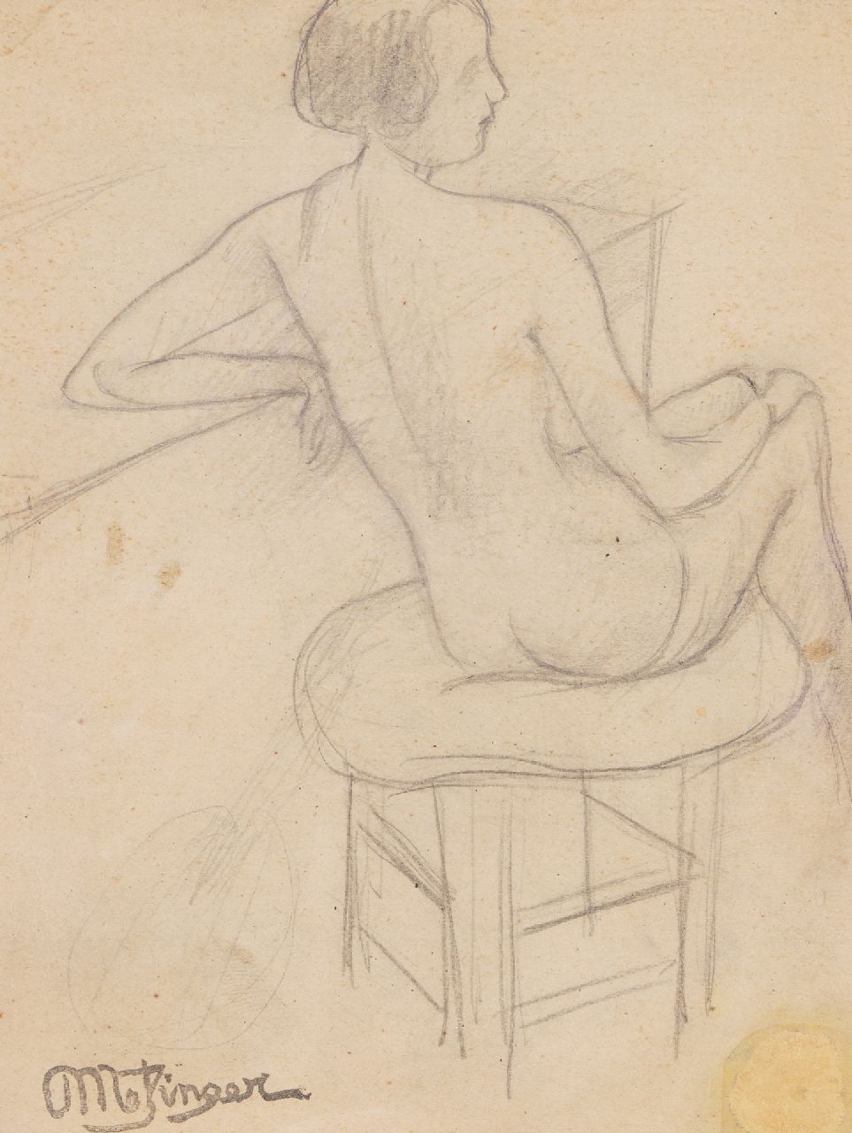 Metzinger J.D.A.  | 'Jean' Dominique Antony Metzinger, Etude d'une femme nue assise; im Verso: Gitarrist, Bleistift auf Papier 15,5 x 11,0 cm, Unterzeichnet l.u. und im Verso mit Künstlerstempel