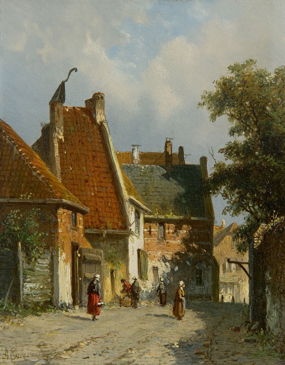 Eversen A.  | Adrianus Eversen, Sonnige Dorfstraße, Öl auf Holz 19,1 x 14,9 cm, Unterzeichnet u.l.