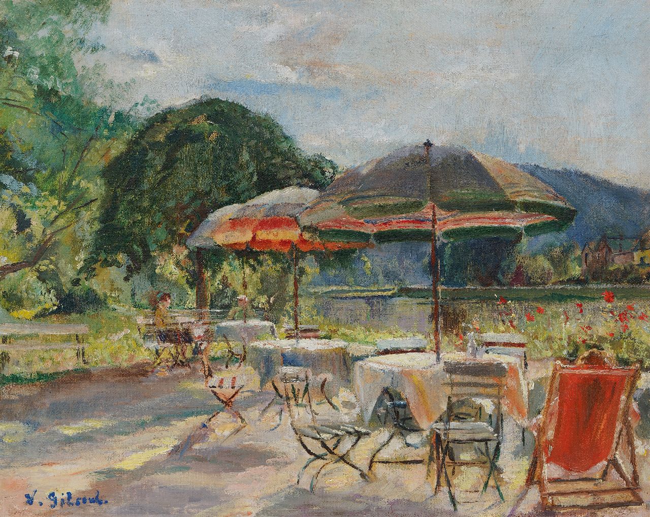 Gilsoul V.O.  | 'Victor' Olivier Gilsoul | Gemälde zum Verkauf angeboten | Terrasse am Wasser, Öl auf Leinwand 32,1 x 40,1 cm, Unterzeichnet u.l.