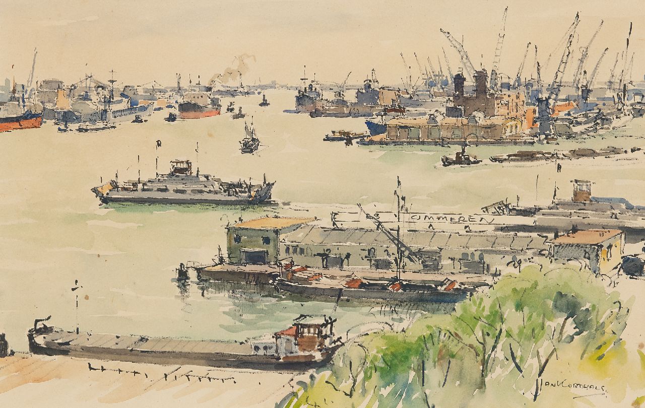 Korthals J.  | Johannes 'Jan' Korthals, Hafenblick, Rotterdam, Aquarell auf Papier 29,9 x 46,7 cm, Unterzeichnet u.r.