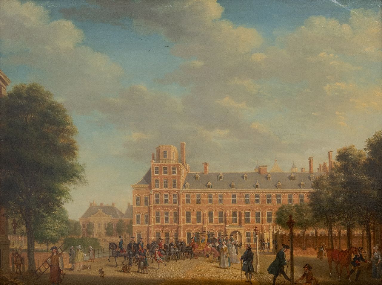 Haag T.P.C.  | Tethard Philipp Christian Haag, Eine Ansicht in Den Haag, mit Prinz William V der den Palast verlässt, Öl auf Holz 49,8 x 66,4 cm