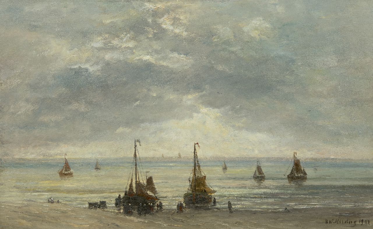 Mesdag H.W.  | Hendrik Willem Mesdag, Bomschuiten aan de kust, Öl auf Leinwand 48,9 x 78,6 cm, Unterzeichnet l.u. und datiert 1893-1902