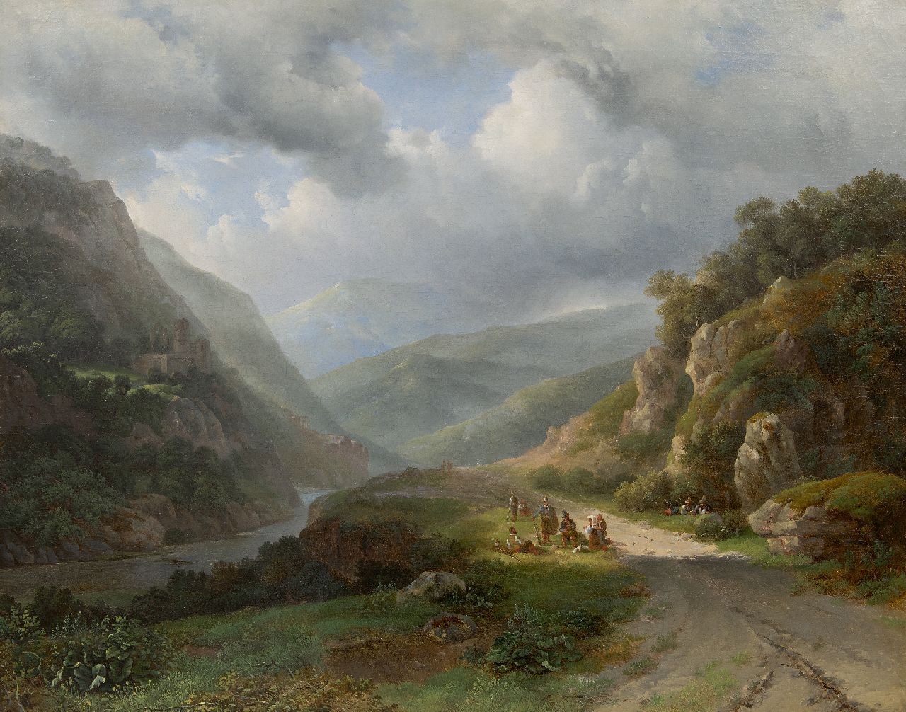 Meijer J.H.L.  | Johan Hendrik 'Louis' Meijer | Gemälde zum Verkauf angeboten | Berglandschaft mit Figuren, Öl auf Leinwand 67,4 x 84,7 cm, Unterzeichnet M.l.