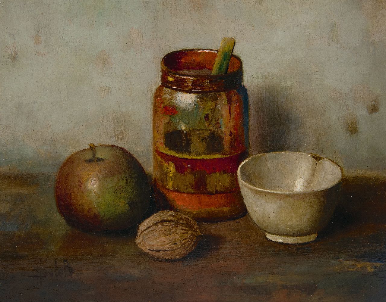 Bos H.  | Hendrik 'Henk' Bos | Gemälde zum Verkauf angeboten | Stilleben mit Apfel und Walnuss, Öl auf Leinwand 24,8 x 31,1 cm, Unterzeichnet u.l.