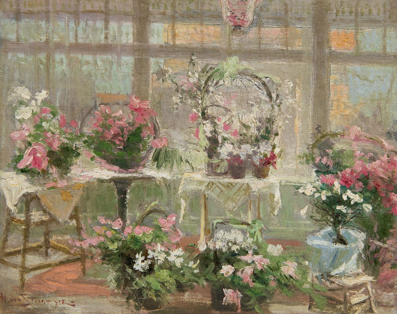 Hendrik Steenwijk | Glasszimmer mit blühenden Pflanzen, Öl auf Leinwand auf Holz, 29,9 x 36,8 cm, Unterzeichnet u.l.