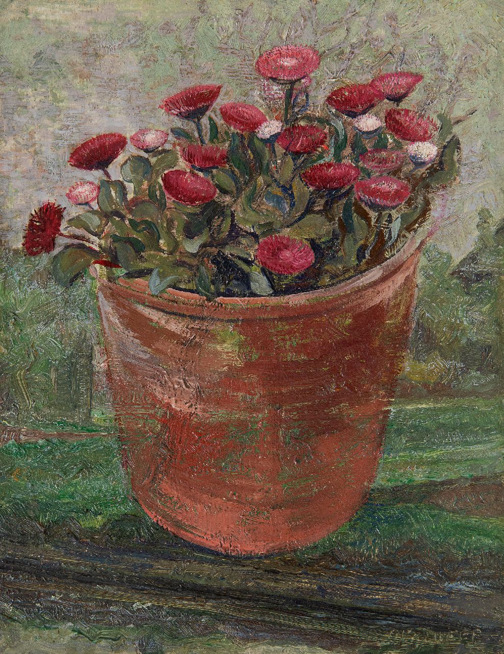 Zweep D.J. van der | 'Douwe' Jan van der Zweep | Gemälde zum Verkauf angeboten | Blumentopf mit Gänseblümchen, Öl auf Holz 27,0 x 21,1 cm, Unterzeichnet u.r.