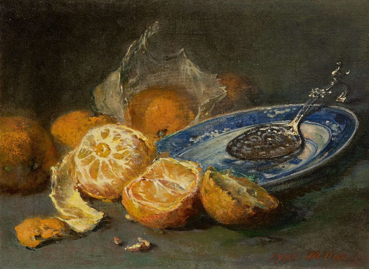 Vos M.  | Maria Vos, Stillleben mit Orangen und einem blau-weißen Teller, Öl auf Leinwand 25,4 x 34,1 cm, Unterzeichnet u.r. und datiert 1906