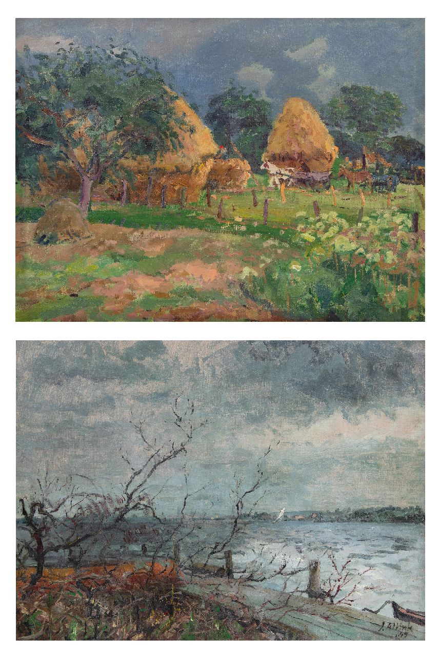 Altink J.  | Jan Altink | Gemälde zum Verkauf angeboten | Feld mit Heuscherben ca 1928; im Verso: Sturm auf dem Paterswoldse See ('45), Öl auf Leinwand 60,0 x 80,2 cm, Unterzeichnet im Verso und zu datieren um 1928