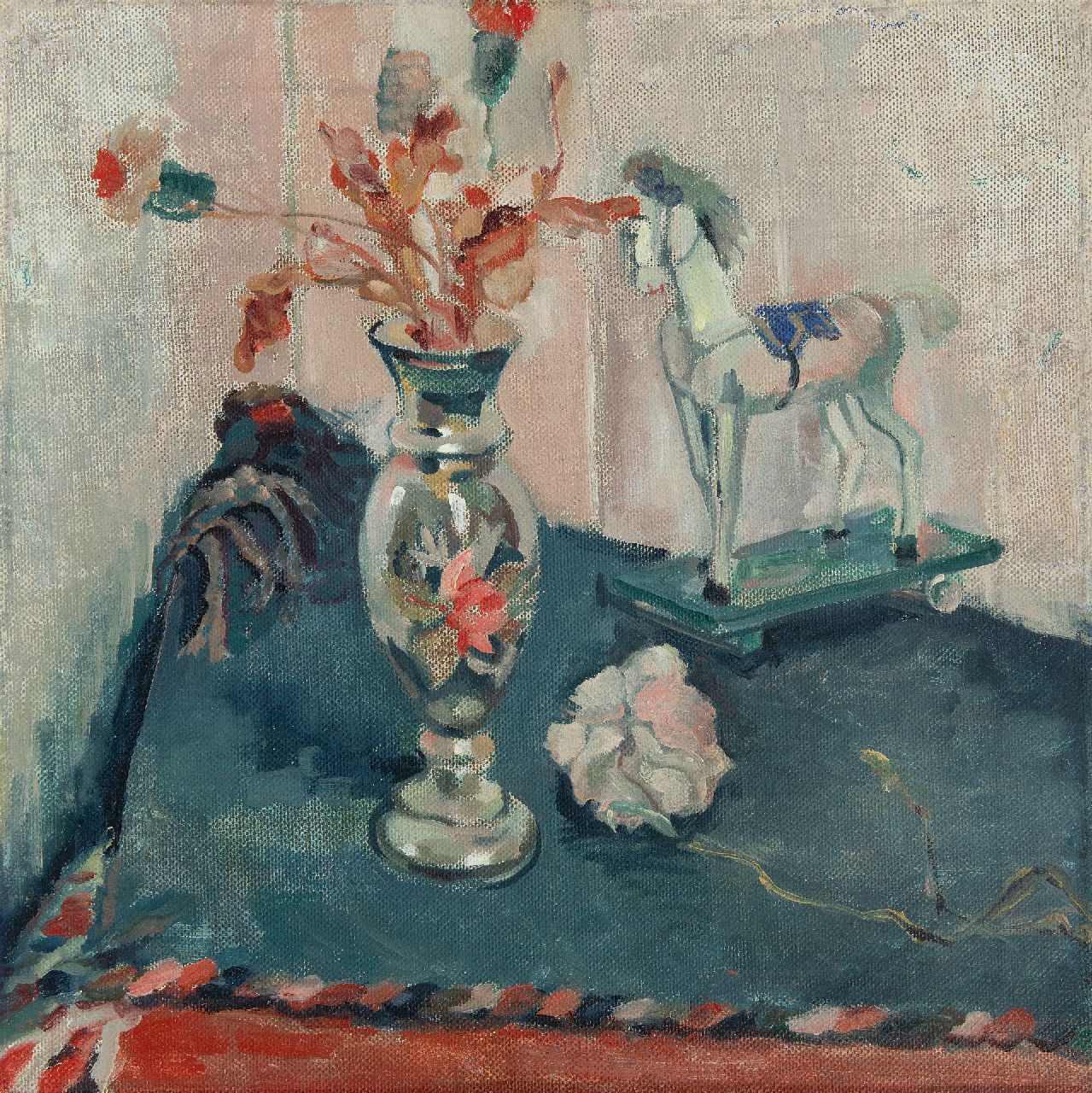 George Martens | Stillleben mit Blumen und Spielzeugpferd, Öl auf Leinwand, 50,5 x 50,3 cm, Unterzeichnet im Verso auf dem Keilrahmen