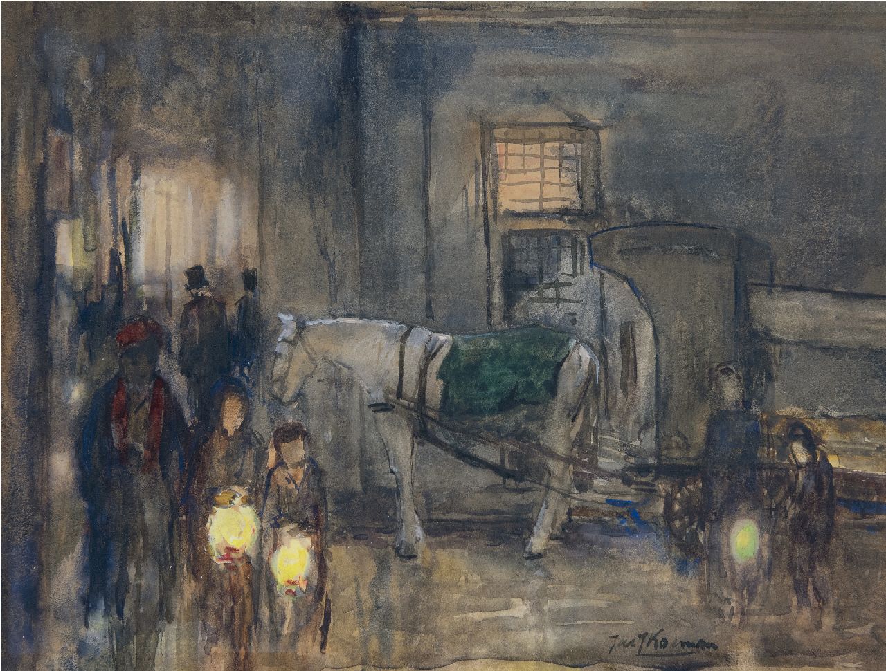 Koeman J.J.  | Jacobus Jan 'Jac. J.' Koeman | Aquarelle und Zeichnungen zum Verkauf angeboten | Straßenszene mit Figuren und Pferdewageim Abend, chalk and acrylic on paper 28,0 x 37,0 cm, Unterzeichnet u.r. und im Verso