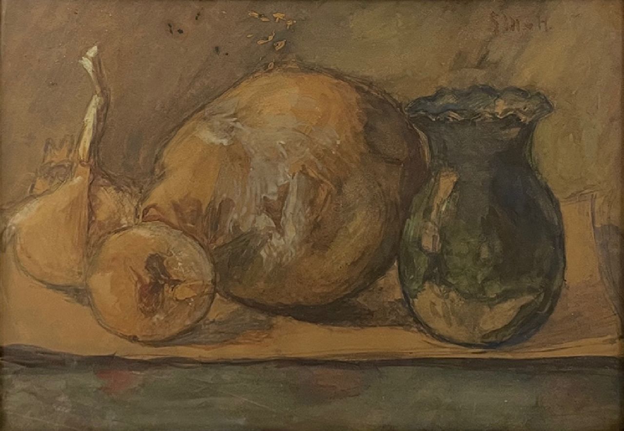 Mesdag-van Houten S.  | Sina 'Sientje' Mesdag-van Houten, Stilleben mit Früchten und Vase, Aquarell auf Papier 26,4 x 37,1 cm, Unterzeichnet o.r. mit Initialen