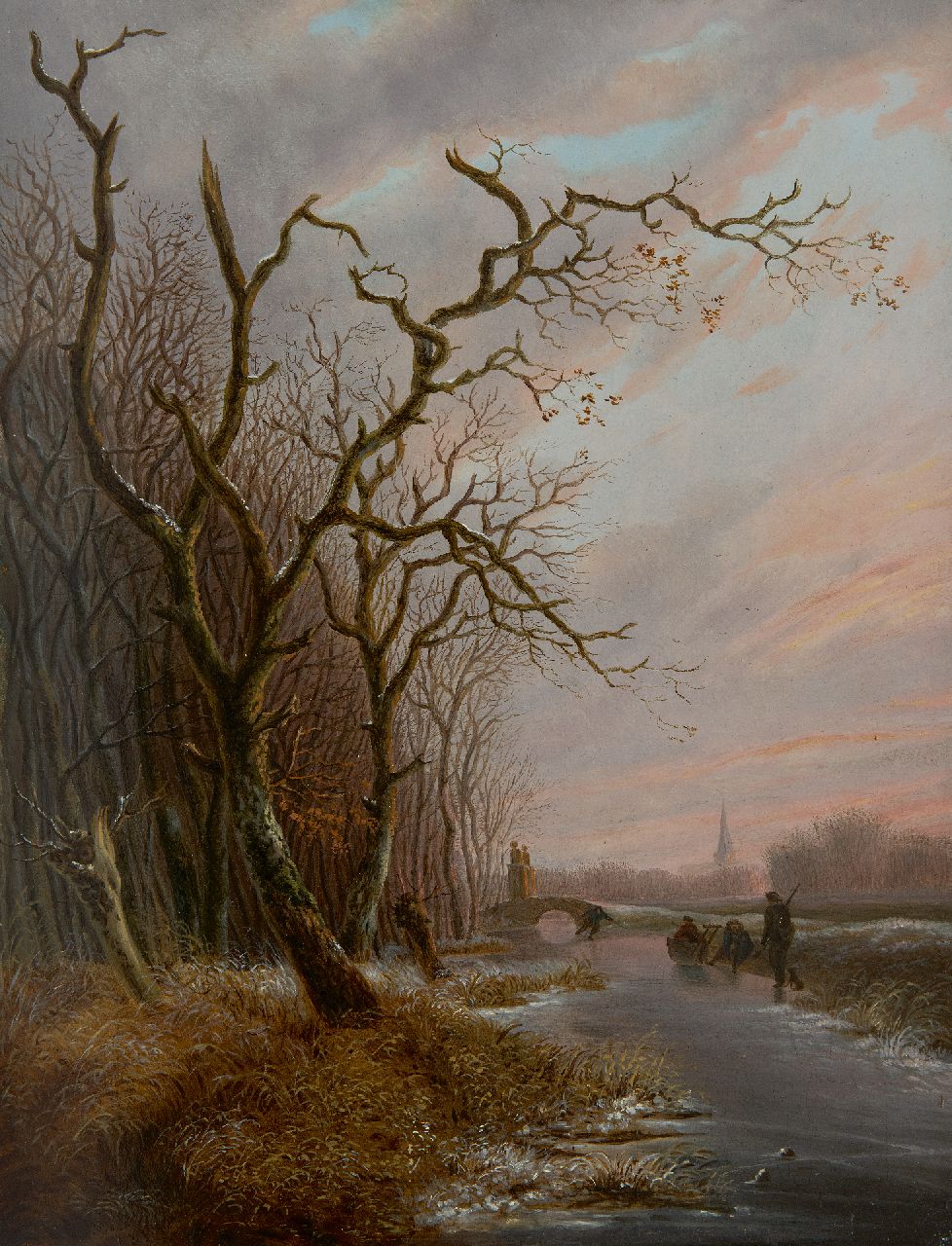 Schelfhout A.  | Andreas Schelfhout | Gemälde zum Verkauf angeboten | Jäger und Figuren auf dem Eis am Waldrand, Öl auf Holz 31,1 x 24,3 cm