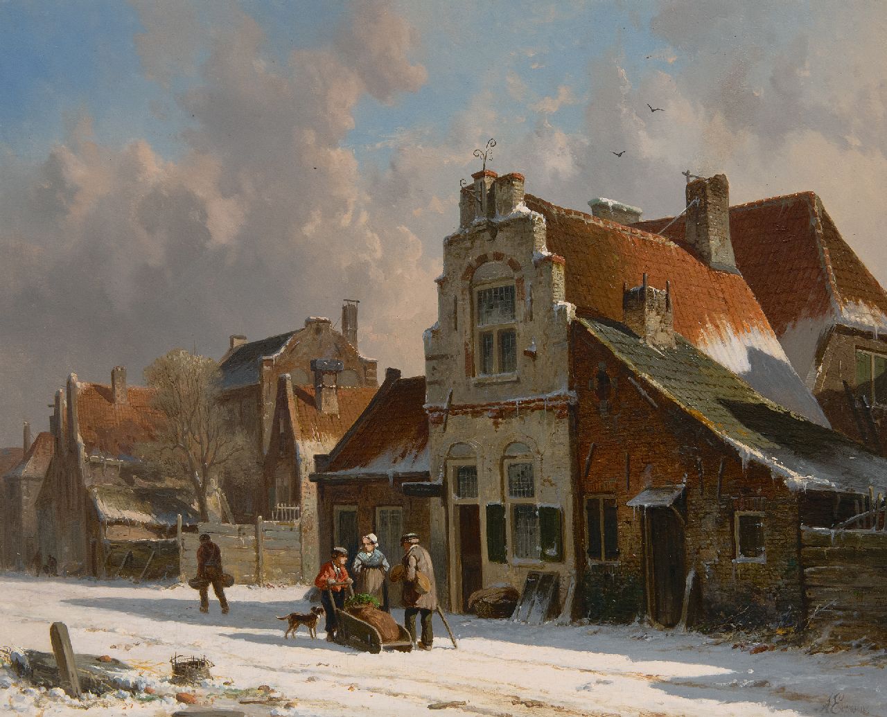 Eversen A.  | Adrianus Eversen, Begegnung auf einer winterlichen Straße, Öl auf Holz 33,3 x 41,4 cm, Unterzeichnet u.r.