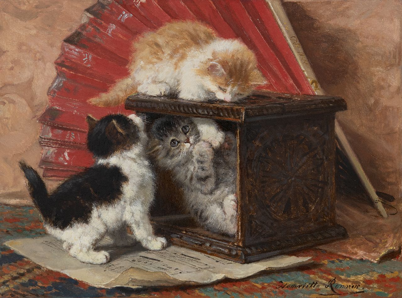 Ronner-Knip H.  | Henriette Ronner-Knip, Stilleben mit drei spielende Kätzchen, Öl auf Holz 33,3 x 44,7 cm, Unterzeichnet u.r.