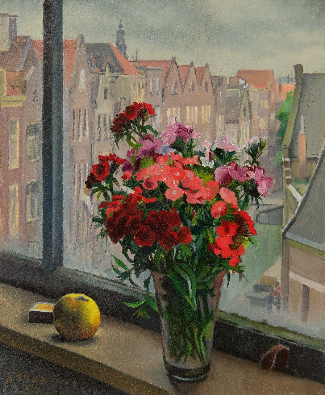 Martinez R.  | Raoul Martinez | Gemälde zum Verkauf angeboten | Blumenstillleben auf der Fensterbank in Amsterdam, Öl auf Leinwand 55,6 x 46,4 cm, Unterzeichnet u.l. und datiert '50